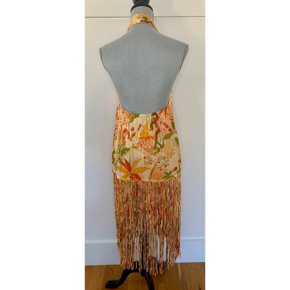 Farm Rio Leopard Forest Sand Mini Dress Multicolor Medium Halter Fringe Hem - Picture 3 of 9